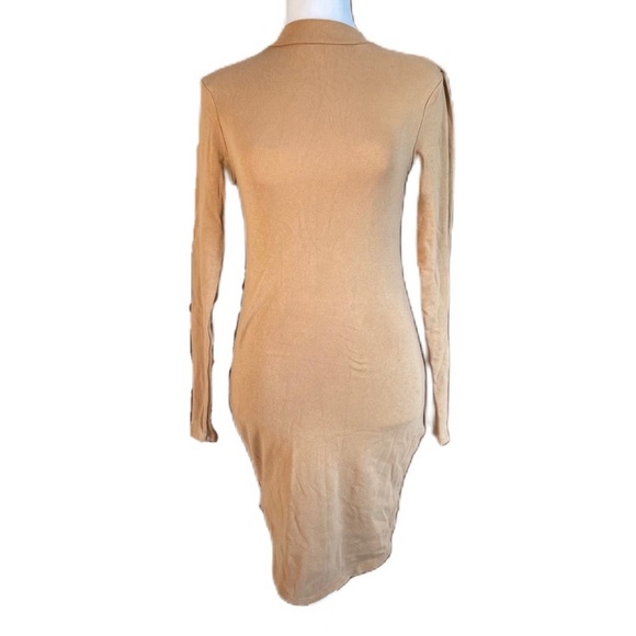 Forever 21 Women’s Tan Long Sleeve Mock Neck Mini Bodycon Dress Medium - Picture 1 of 10